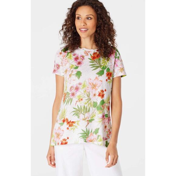 J. Jill Women's 100% Linen Colorful Floral Print Tee Size M - Picture 1 of 9